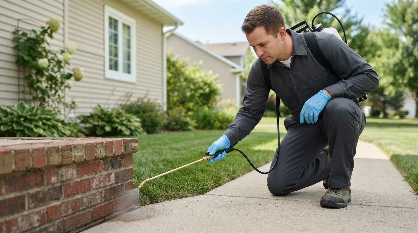 Pest control technician treating a home near Ashley, OH