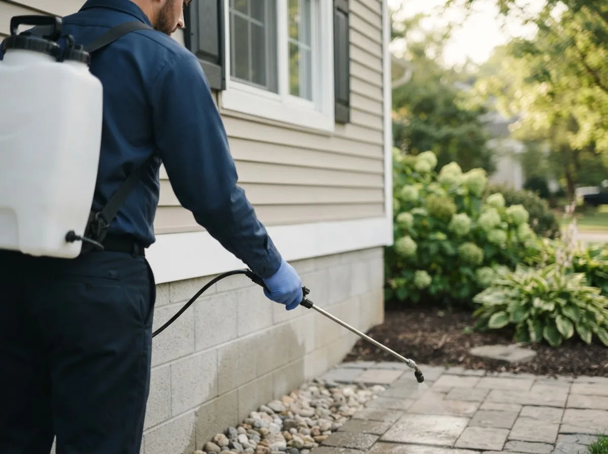 Pest control technician inspecting a home in Ashley, OH